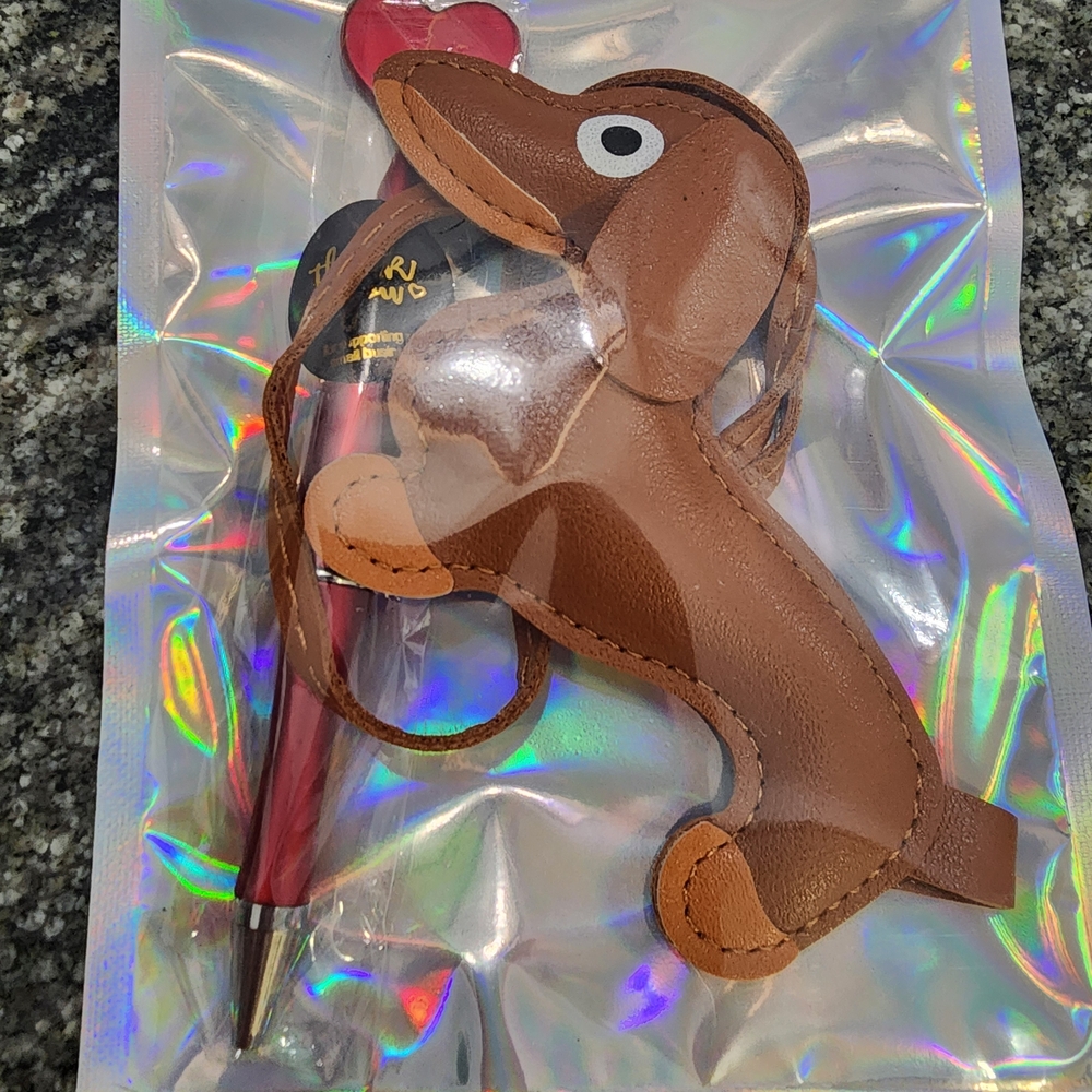 Adorable Brown Dachshund Leather Keychain with Red Heart Pen. Measures 4×3